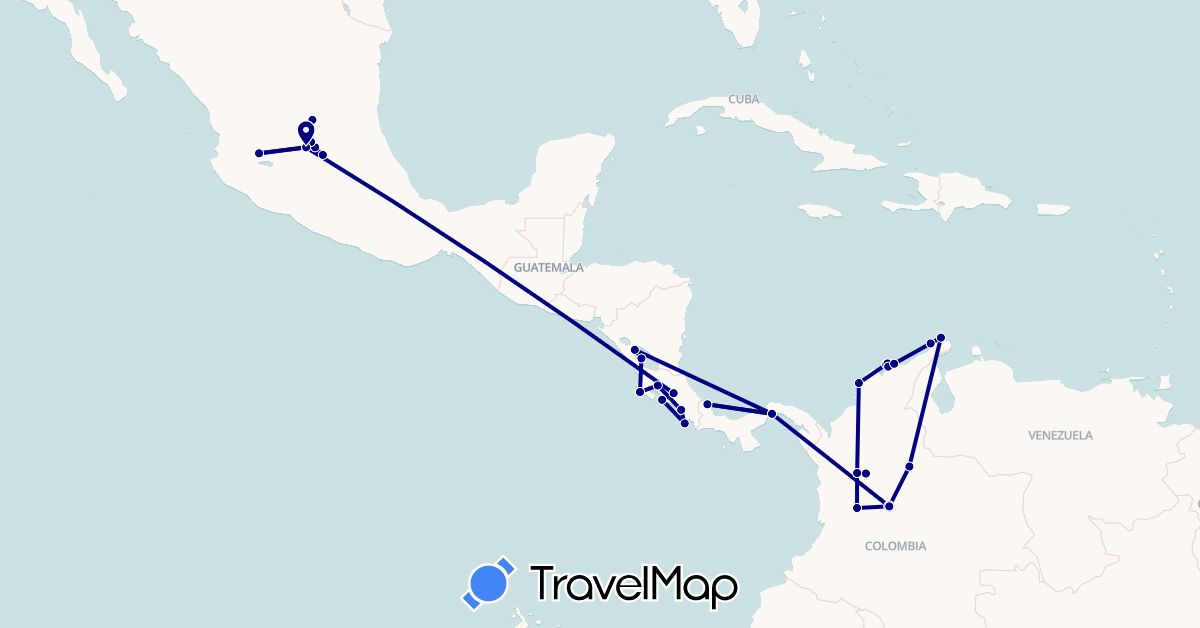 TravelMap itinerary: driving in Colombia, Costa Rica, Mexico, Nicaragua, Panama (North America, South America)